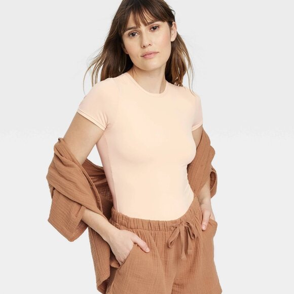 Medium - Womens Stretch Short Sleeve Bodysuit - Auden - Beige - Picture 3 of 5